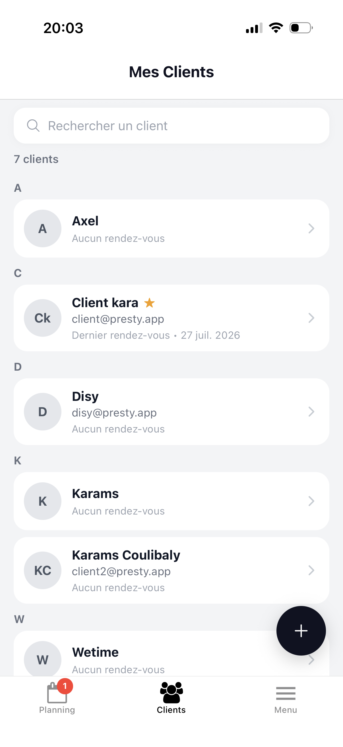 Application Presty - écran commandes
