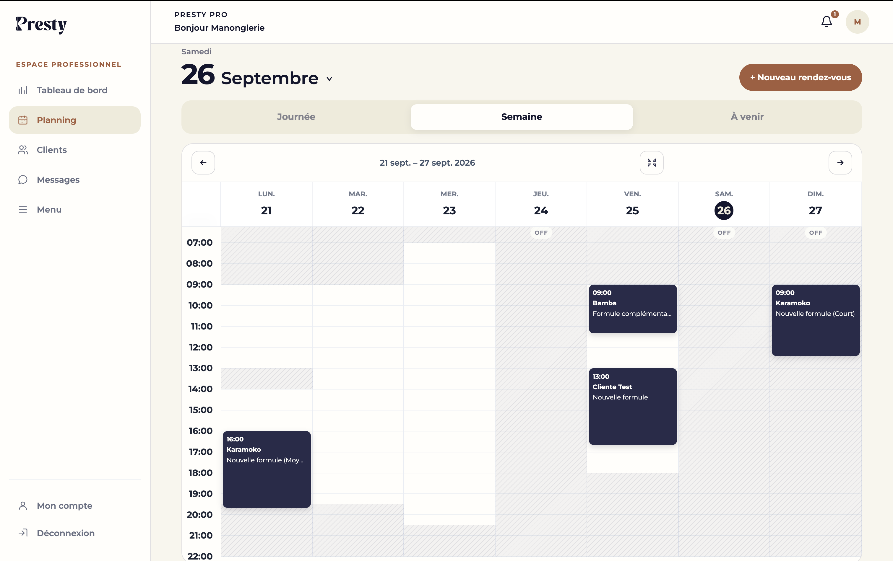 Planning hebdomadaire de l’espace professionnel Presty sur ordinateur
